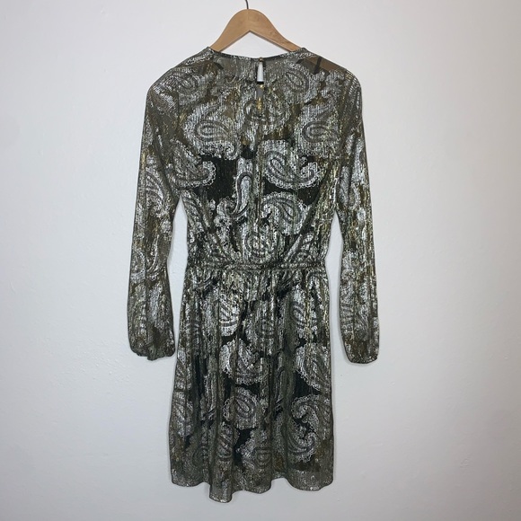 MICHAEL Michael Kors Gold Black Foil Paisley Long Sleeve Overlay Midi Dress - Picture 7 of 11
